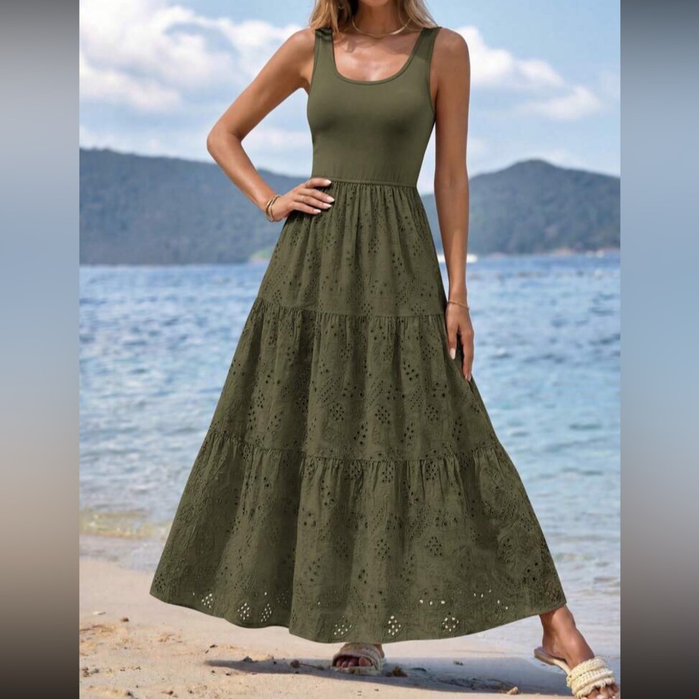 Army Green Tiered Eyelet Maxi Dress - Women
